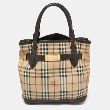 BURBERRY Beige/Brown Haymarket Check PVC and Leather Medium Golderton Tote