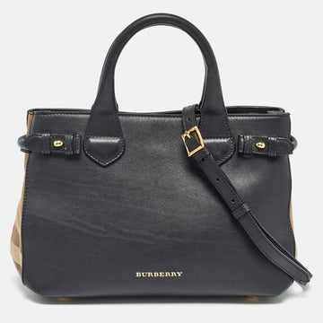 BURBERRY Black/Beige Leather and House Check Canvas Small Banner Tote