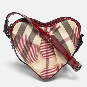 BURBERRY Red/Beige House Check Coated Canvas and Patent Leather Heart Crossbody Bag