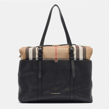 BURBERRY Black/Beige House Check Fabric and Leather Mason Diaper Tote