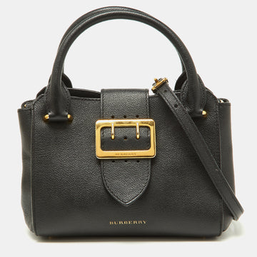 BURBERRY Black Grained Leather Small Buckle Tote