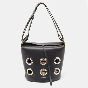 BURBERRY Black Leather Grommet Bucket Bag