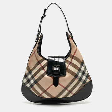 BURBERRY Black/Beige Nova Check PVC and Patent Leather Brooke Hobo