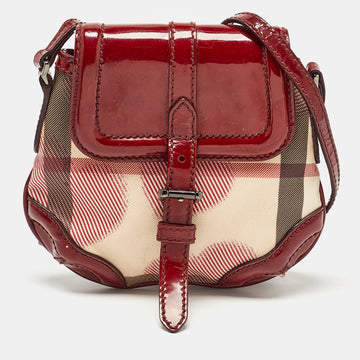 BURBERRY Burgundy/Beige House Check PVC and Patent Leather Heart Flap Crossbody Bag