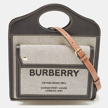 BURBERRY Black/Brown Leather and Canvas Mini Pocket Tote