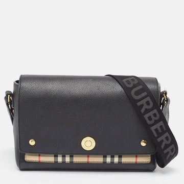 BURBERRY Black/Beige Leather and House Check Fabric Note Shoulder Bag