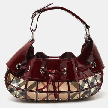 BURBERRY Red/Beige Super Nova Check Mini Warrior Studded Hobo