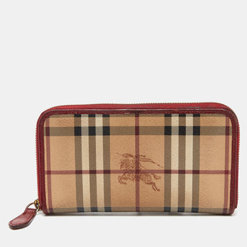 BURBERRY Beige/Red Haymarket Check Coated Canvas Zip Around Wallet