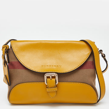 BURBERRY Beige/Yellow House Check Canvas and Leather Shoulder Bag