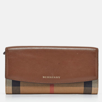 BURBERRY Brown/Beige House Check Canvas and Leather Flap Continental Wallet