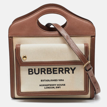 BURBERRY Beige/Brown Canvas and Leather Mini Pocket Tote
