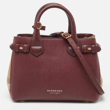 BURBERRY Burgundy/Beige Leather and House Check Canvas Small Banner Tote