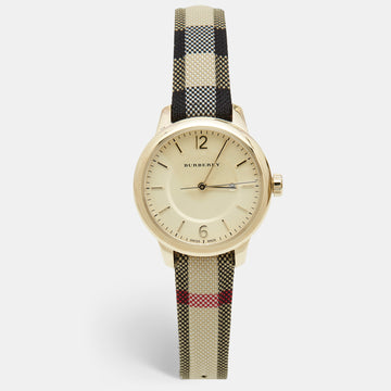 BURBERRY Yellow Gold Plated Stainless Steel Leather Canvas The Classic BU10103 Women's Wristwatch 32 mm