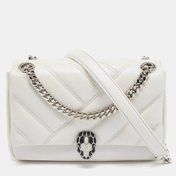 BVLGARI Pearl White Quilted Iridescent Leather Small Serpenti Cabochon Shoulder Bag