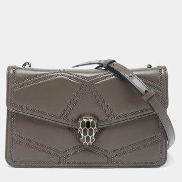 BVLGARI Grey Leather Serpenti Studded Diamond Blast Shoulder Bag