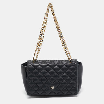 CAROLINA HERRERA Black Quilted Leather Flap Chain Shoulder Bag