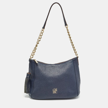 CAROLINA HERRERA Navy Blue Leather Maria Tassel Hobo