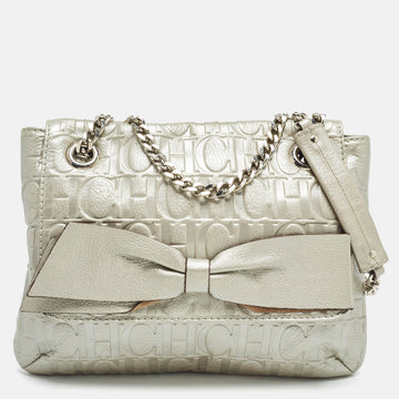 CAROLINA HERRERA Silver Monogram Leather Audrey Shoulder Bag