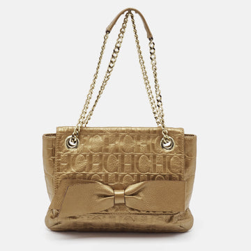 CAROLINA HERRERA Gold Monogram Leather Audrey Shoulder Bag