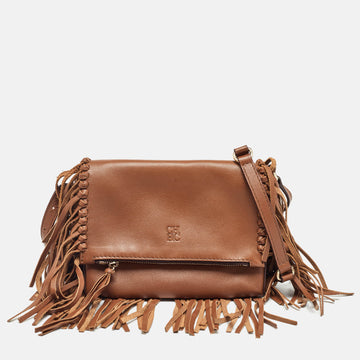 CAROLINA HERRERA Brown Leather Fringe Detachable Crossbody Bag