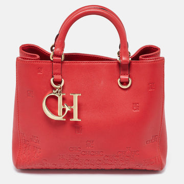 CAROLINA HERRERA Red Monogram Embossed Leather Duchess Tote