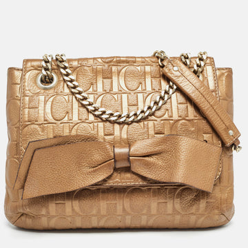 CAROLINA HERRERA Gold Monogram Leather Audrey Shoulder Bag