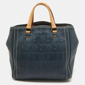 CAROLINA HERRERA Blue/Beige Monogram Embossed Leather Andy Tote