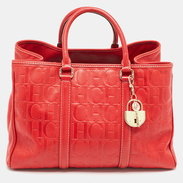 CAROLINA HERRERA Red Monogram Embossed Leather Large Matteo Tote