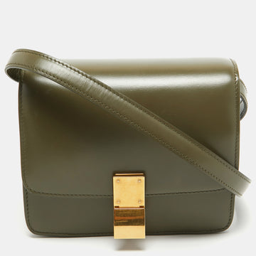 CELINE Olive Green Leather Small Classic Box Flap Bag