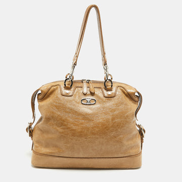 CELINE Beige Crinkled Patent Leather Macadam Logo Bag