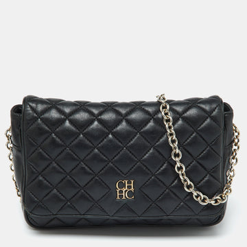 CH CAROLINA HERRERA Black Quilted Leather Flap Shoulder Bag