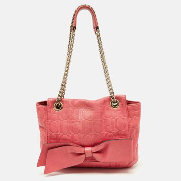 CH CAROLINA HERRERA Pink Monogram Embossed Leather Audrey Shoulder Bag