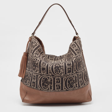 CH CAROLINA HERRERA Brown/Black Monogram Fabric and Leather Hobo