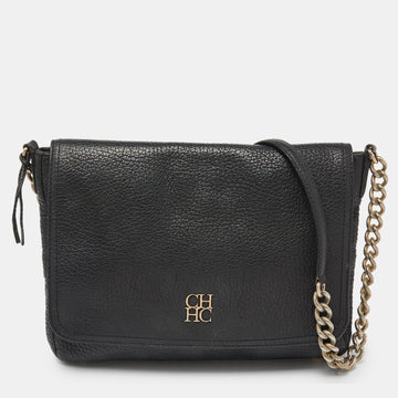 CH CAROLINA HERRERA Black Leather Chain Flap Shoulder Bag