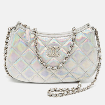 CHANEL Silver Iridescent Quilted Patent Leather CC Chain Clutch