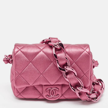 CHANEL Metallic Pink Quilted Leather Mini Flap Bag