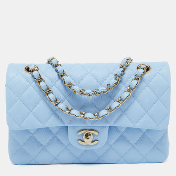 CHANEL Blue Quilted Caviar Leather Small Classic Double Flap Bag