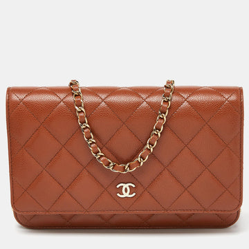 CHANEL Brown Quilted Caviar Leather Classic Wallet on Chain