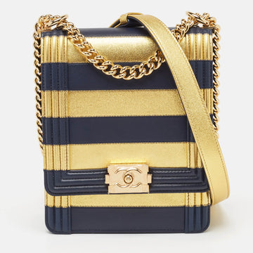 CHANEL Navy Blue/Gold Leather Paris-New York North/South Boy Bag