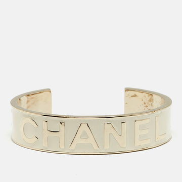 CHANEL Logo Enamel Gold Tone Cuff Bracelet M