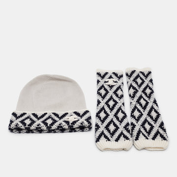 CHANEL Blue/White Patterned Cashmere Knit Beanie and Gloves Set