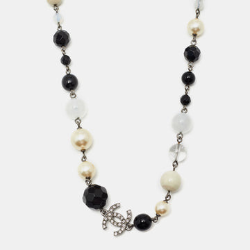 CHANEL CC Beads Crystals Silver Tone Long Necklace