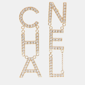 CHANEL CHA-NEL Crystals Gold Tone Earrings