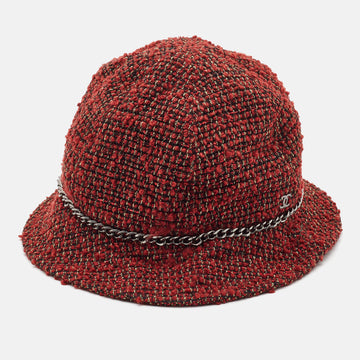 CHANEL Red Tweed Bucket Hat
