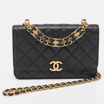 CHANEL Black Quilted Caviar Leather Coco First Wallet on Chain