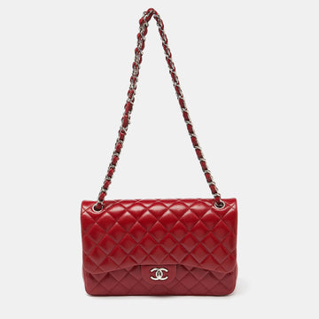 CHANEL Red Quilted Caviar Leather Jumbo Classic Double Flap Bag