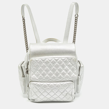 CHANEL Silver Quilted Leather Casual Rock Airline Backpack