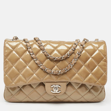 CHANEL Beige Quilted Patent Leather 3 Classic Flap Bag