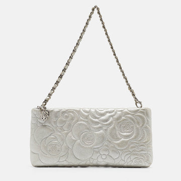 CHANEL Grey Shimmer Nubuck Leather Camelia Embossed Chain Clutch