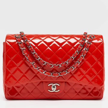 CHANEL Orange Quilted Patent Leather Maxi Classic Double Flap Bag
